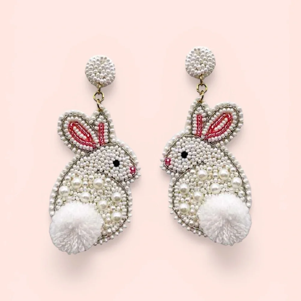 Lily Posh Beaded Bunny Rabbit Earrings Pearl Pom Pom Easter Spring- NWT - Picture 1 of 5